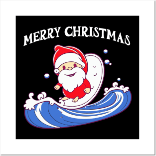 Funny Santa Claus on a Surfboard Art Posters and Art